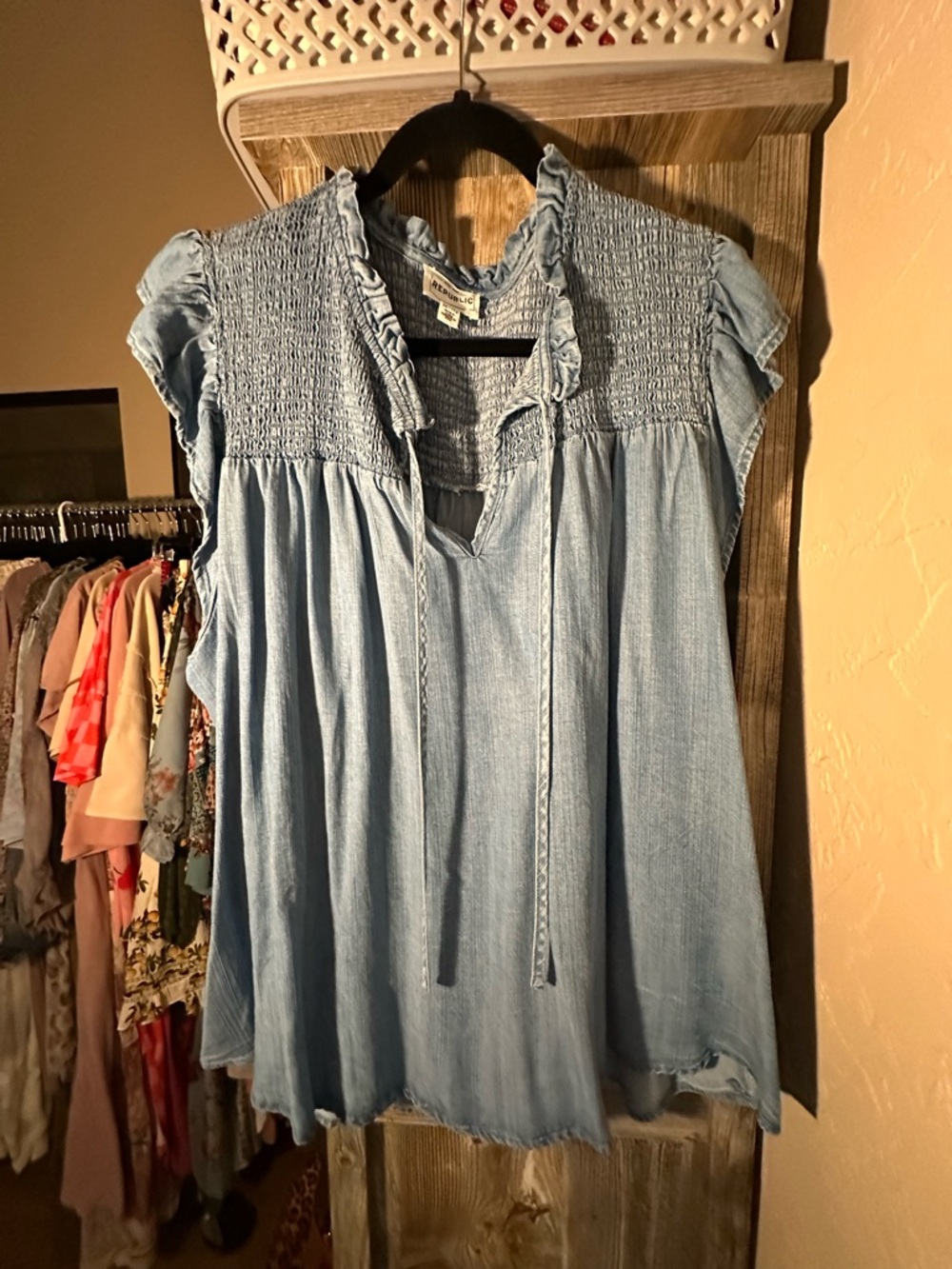 For The Republic Light Blue Smocked Peasant Top with Tie Front